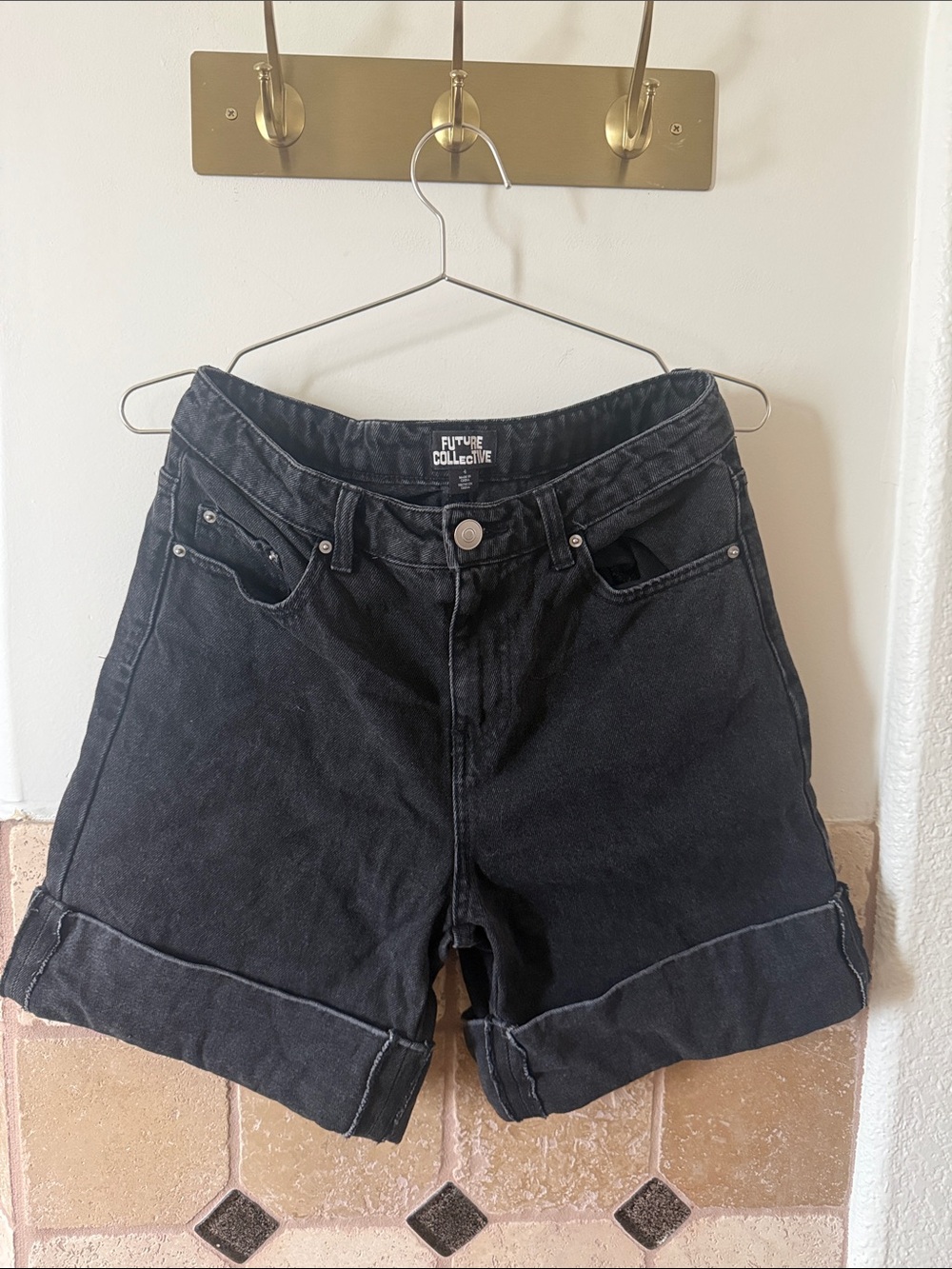 Future Collective Black High-Rise Cuffed Denim Shorts